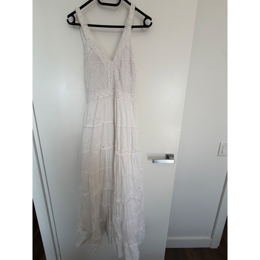 Lace White Cotton Crochet Eyelet Tiered Boho Gypsy Maxi Dress Size L